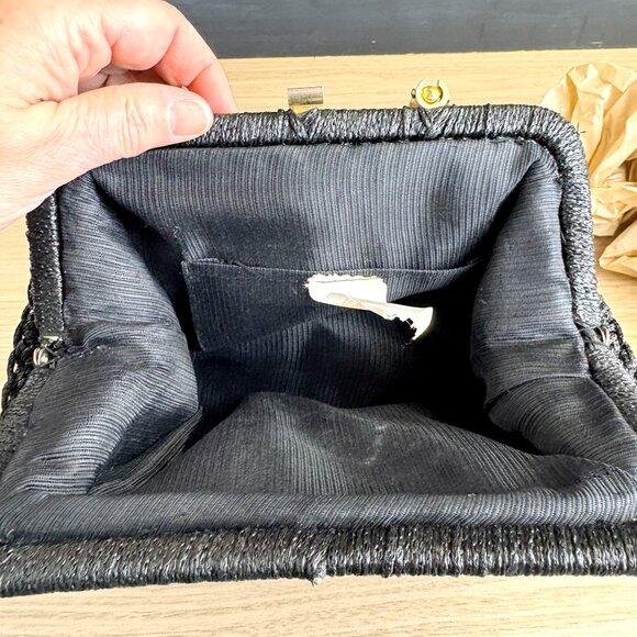 Black raffia woven handbag with wooden handle - made in Italy - vintage - Picture 9 of 11